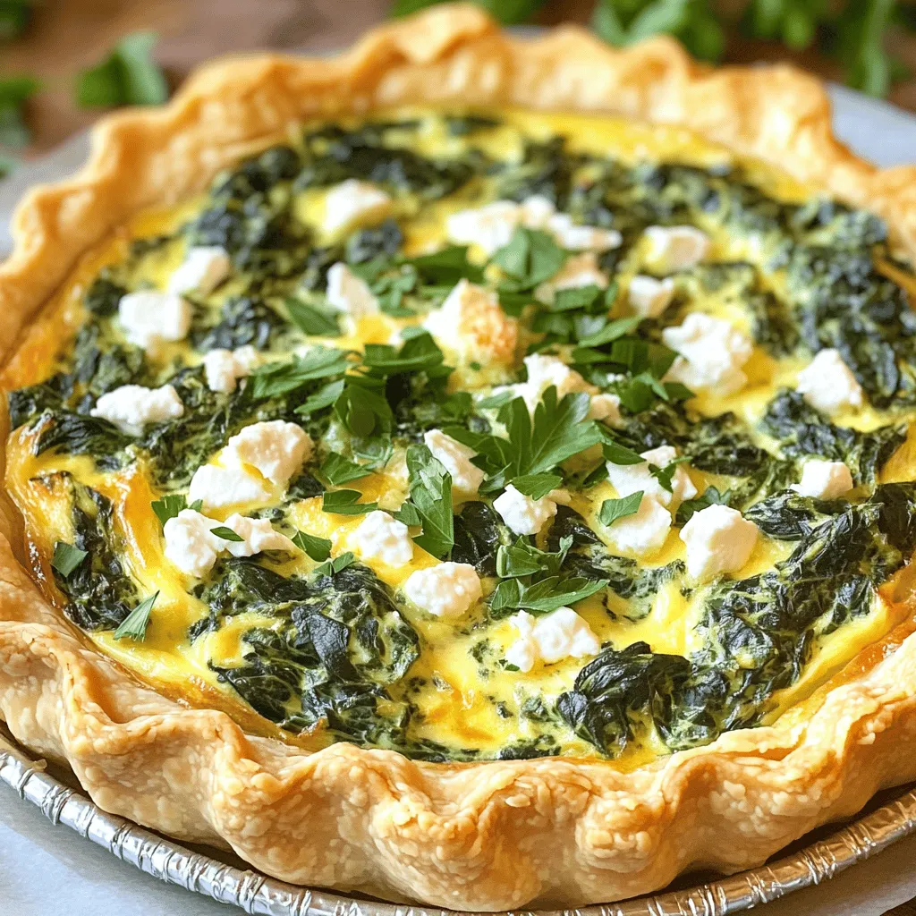 - 1 pre-made pie crust (9-inch) - 2 cups fresh spinach, chopped - 1 cup shredded mozzarella cheese - 1/2 cup crumbled feta cheese - 1/2 cup ricotta cheese - 4 large eggs - 1 cup milk - 1 small onion, finely chopped - 2 cloves garlic, minced - 1 tablespoon olive oil - 1/2 teaspoon salt - 1/4 teaspoon black pepper - 1/4 teaspoon nutmeg - Fresh parsley, for garnish (optional) To get the best results, measure your ingredients carefully. Use dry measuring cups for solids, like cheese and spinach. Use a liquid measuring cup for milk and eggs. This ensures even mixing and the right texture in your quiche. Using fresh ingredients makes a big difference. Fresh spinach offers a vibrant taste and bright color. Opt for high-quality cheeses, as they enhance the quiche's creaminess. Always choose eggs with rich yolks; they boost flavor and color. When you use good ingredients, you create a dish that shines. For the best outcome, check the Full Recipe for more details. 1. Preheat the oven: Start by placing your oven at 375°F (190°C). This step is key for even cooking. 2. Sautéing the onion and garlic: In a skillet, add one tablespoon of olive oil over medium heat. Once hot, toss in the finely chopped onion. Cook for about 3-4 minutes until it turns translucent. Next, add two cloves of minced garlic and stir for one more minute. This will make your kitchen smell amazing! 3. Cooking the spinach: After the garlic gives off its aroma, add two cups of chopped spinach to the skillet. Cook for about 2-3 minutes until the spinach wilts. Once done, take it off the heat and let it cool a bit. 1. Combining the egg mixture: In a large bowl, crack four large eggs and add one cup of milk. Whisk them together along with 1/2 teaspoon of salt, 1/4 teaspoon of black pepper, and 1/4 teaspoon of nutmeg. Make sure it’s well blended. 2. Adding cheeses: Now it’s time to add flavor! Mix in one cup of shredded mozzarella cheese, 1/2 cup of crumbled feta cheese, and 1/2 cup of ricotta cheese into the egg mixture. 3. Incorporating sautéed vegetables: Take your cooled spinach and onion mix and fold it into the cheese and egg blend. Stir until everything is combined well. 1. Pouring the filling into the crust: Grab your pre-made pie crust. Pour the filling into the crust, spreading it evenly with a spatula. 2. Baking times and tips: Place the quiche in the oven and bake for 35-40 minutes. You’ll know it’s ready when the top is golden brown and a knife inserted into the center comes out clean. 3. Cooling and slicing: Once baked, take it out and let it cool for about 10 minutes. This will help the quiche set up nicely. After it cools, slice it into wedges and serve. Enjoy this Spinach and Cheese Delight Quiche! For the complete recipe, check the Full Recipe. To get the best texture for your quiche, focus on the filling. You want it to be creamy but firm. A good tip is to whisk the eggs and milk well. This mixes air into the batter, giving it lightness. Make sure to avoid a soggy crust. Blind bake your pie crust before adding the filling. This means baking it without the filling for a few minutes. It helps keep the crust crisp. Pair your quiche with some fresh salad. A light green salad complements the flavors well. You can also serve it with roasted vegetables for added taste. For drinks, try a crisp white wine or sparkling water. These drinks enhance the meal without overpowering it. Add herbs for extra flavor. Fresh basil or thyme works wonders in this quiche. If you want a kick, sprinkle in some red pepper flakes. You can also swap out cheeses. Try using cheddar or gouda for a different taste. Mixing cheeses can create a unique flavor profile. Remember, each cheese brings its own charm to the dish. For the full recipe, check out the Spinach & Cheese Delight Quiche. {{image_2}} Adding your touch to a savory quiche makes it special. You can swap out ingredients to fit your taste or what you have on hand. Here are some fun ideas. - Broccoli: This green veggie adds a nice crunch. Chop it small and steam it lightly before adding to the mix. It pairs well with cheese and adds fiber. - Bell peppers: Use any color of bell pepper. Dice them and sauté with onion for a sweet and savory taste. They bring a lovely color to your quiche too. - Ham: Diced ham offers a salty and savory flavor. It blends well with cheese and veggies. Just make sure to use cooked ham for the best taste. - Bacon: Who doesn’t love bacon? Crumble cooked bacon and mix it into the filling. It adds a smoky flavor that enhances the quiche. - Homemade gluten-free crusts: You can make your own crust with almond flour or gluten-free flour. There are lots of recipes online. These options let you enjoy quiche without gluten. - Crustless quiche version: For a quick fix, skip the crust. Just pour the filling into a greased pie dish. It cooks the same way and is lower in carbs. Feel free to experiment with these variations. You can mix and match until you find your favorite combo. For a full guide on making this dish, check out the Full Recipe. Store your savory quiche in the fridge to keep it fresh. Once cooled, cover it with plastic wrap or foil. You can also use an airtight container. This helps prevent it from drying out. The quiche stays good for about 3 to 4 days in the fridge. Freezing is a great way to save extra slices. First, let the quiche cool completely. Wrap each slice in plastic wrap, then in foil. This keeps it safe from freezer burn. You can freeze it for up to 2 months. To enjoy, take it out and thaw it in the fridge overnight. To reheat your quiche, use an oven for the best taste. Preheat the oven to 350°F (175°C). Place the quiche on a baking sheet and cover it with foil. Heat for about 15 to 20 minutes. You can also microwave it, but the oven keeps it crispy. Enjoy your warm, tasty quiche! The best cheese for quiche is a mix of mozzarella and feta. Mozzarella melts well and adds creaminess. Feta gives a salty kick and rich flavor. You can also try Swiss, cheddar, or goat cheese for different tastes. Yes, you can make quiche ahead of time. Prepare it the night before and store it in the fridge. Just bake it in the morning before serving. This saves time and gives you a fresh meal. Check the quiche at 35 minutes. Insert a knife in the center. If it comes out clean, the quiche is ready. The top should be golden brown. If it jiggles too much, bake for a few more minutes. Yes, leftover quiche can be reheated. Place it in the oven at 350°F (175°C) for about 10-15 minutes. This keeps the crust crispy. You can also microwave it for a quick option, but it may get soggy. You can add many ingredients to a quiche. Try bell peppers, mushrooms, or zucchini for veggies. For protein, add ham, bacon, or smoked salmon. Fresh herbs like basil or thyme also enhance the flavor. For even more ideas, check the Full Recipe. This blog post covered how to make a delicious quiche using simple ingredients. We discussed measuring tips, quality ingredients, and step-by-step instructions for preparing, mixing, and baking. I shared tips for perfecting texture and serving suggestions. Plus, we explored fun variations and storage advice. Quiche is versatile and easy to customize. Experiment with your favorite flavors and enjoy every bite. Remember, the best quiche comes from quality ingredients and a bit of love in the kitchen. Happy baking!