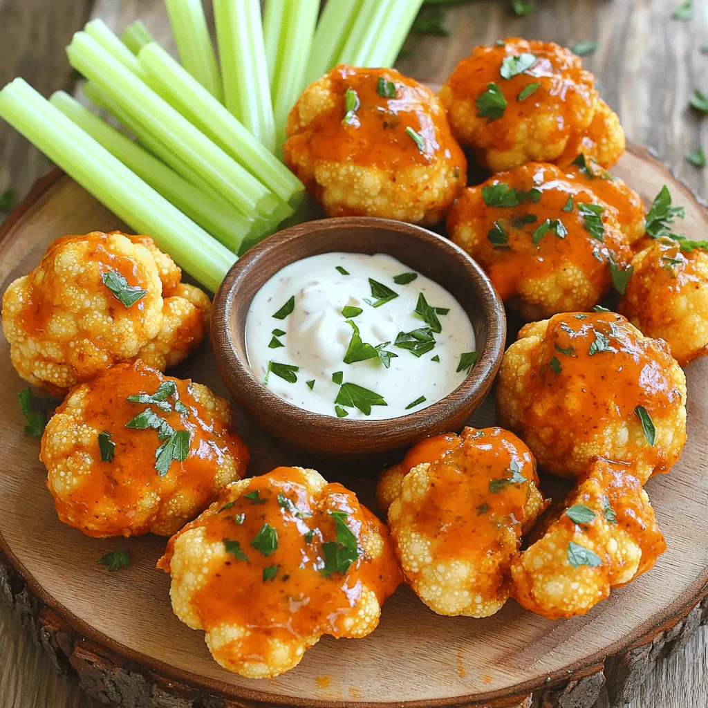 - 1 medium head of cauliflower - 1 cup all-purpose flour - 1 cup water - 1 teaspoon garlic powder - 1 teaspoon onion powder - 1 teaspoon smoked paprika - 1/2 teaspoon salt - 1/4 teaspoon black pepper - 1 cup buffalo sauce (store-bought or homemade) - 2 tablespoons olive oil - Fresh parsley, chopped - Celery sticks - Blue cheese or ranch dressing To make Buffalo cauliflower bites, you need just a few key ingredients. Start with a medium head of cauliflower. Cut it into bite-sized florets. This step is fun and lets you get hands-on. Next, grab one cup of all-purpose flour and one cup of water. These create a batter that coats your cauliflower. For flavor, mix in some seasonings. Use garlic powder, onion powder, smoked paprika, salt, and black pepper. Each of these adds a nice kick. Finally, we have the star of the show: buffalo sauce. You can buy it or make your own. Both options work great. When serving, think about garnishes. Drizzle olive oil over the bites for added richness. Fresh parsley adds color and a nice taste. Pair these bites with crunchy celery sticks. Don't forget blue cheese or ranch dressing for dipping! This combo makes for a tasty treat. For the full recipe, check out the section above. - Preheat your oven to 450°F (230°C). - Line a baking sheet with parchment paper. - Cut your cauliflower into bite-sized florets. Make sure they are even in size. This helps them cook evenly. - In a large bowl, combine the flour, garlic powder, onion powder, smoked paprika, salt, and black pepper. - Gradually add water to the dry mix. Stir until a smooth batter forms. It should have a nice, thick texture. - Dip each cauliflower floret into the batter. Make sure each piece is fully coated. - Arrange the coated florets on your prepared baking sheet. - Bake for 20-25 minutes. Flip the bites halfway to ensure even cooking. They should be golden and crispy. - In a small bowl, mix the buffalo sauce with olive oil. This adds a rich flavor. - Once the cauliflower bites are baked, toss them in the buffalo sauce mixture. Make sure each piece is well coated. - Return the bites to the baking sheet and bake for another 10 minutes. This helps the sauce set and caramelize a bit. Enjoy these buffalo cauliflower bites as a tasty snack or appetizer! For a full recipe, check out the details above. To get that crunchy bite, coat each cauliflower piece evenly. A good layer of batter helps it crisp up nicely. If you want extra crunch, bake your bites a bit longer. Keep an eye on them so they don’t burn. Using homemade buffalo sauce can make a big difference. You can control the heat and flavor. For extra spice, try adding cayenne pepper or chili powder. Just a little can kick things up a notch! When serving, arrange the buffalo cauliflower bites on a nice platter. Place the dipping sauce in the center for easy access. To make the dish pop, sprinkle fresh parsley on top. This adds a nice color and freshness to your plate. {{image_2}} You can change the flavor of buffalo cauliflower bites with different sauces. If you want a sweet twist, try BBQ sauce. Just toss the baked bites in BBQ sauce instead of buffalo sauce. This gives a smoky and sweet taste that is delightful. Another great option is honey garlic sauce. This sauce adds a sweet and savory layer to the bites. Mix together honey and soy sauce, then add minced garlic. Toss the cauliflower bites in this sauce after baking for a tasty change. You can easily adapt this recipe for special diets. For a gluten-free option, substitute all-purpose flour with a gluten-free flour blend. This keeps the batter light and crispy without the gluten. If you follow a vegan diet, you can switch the batter's water with plant-based milk. Use almond or oat milk for a creamy texture. You can also find vegan buffalo sauce to keep the flavor profile intact. To make your bites even more exciting, add herbs or spices to the batter. Try mixing in some dried oregano or cayenne pepper for extra flavor. Just a pinch can really elevate the taste. You can also experiment with cheese toppings. After the second bake, sprinkle some shredded cheese on top. Let it melt for a rich and gooey layer. This adds a creamy contrast to the crunchy bites. For the full recipe, check out the earlier section. After you enjoy your buffalo cauliflower bites, store any leftovers in the fridge. Place them in an airtight container to keep them fresh. They will last about 3-4 days. For best taste, eat them within this time frame. If you leave them out for too long, they can get soggy and lose their crunch. To reheat your buffalo cauliflower bites, the oven works best. Preheat the oven to 400°F (200°C). Spread the bites on a baking sheet. Bake for about 10-15 minutes to restore their crispiness. You can also use an air fryer for a quick option. This method helps keep them crunchy and tasty. Avoid using the microwave, as it can make them soft and chewy. You can freeze buffalo cauliflower bites either before or after baking. If you freeze them raw, coat them in the batter and place them on a baking sheet to freeze. Once frozen, transfer them to a freezer bag. If you freeze them after baking, they will need to cool first. To thaw, place frozen bites in the fridge overnight. You can also bake them straight from the freezer. Just add a few extra minutes to the cooking time. This way, you always have a tasty snack ready! For the full recipe, check out the link. To make buffalo cauliflower bites less spicy, you can adjust the sauce. Use less buffalo sauce or mix it with another sauce. Try adding ranch or yogurt to cool it down. You can also use a milder buffalo sauce for a gentler kick. This way, you keep the flavor without too much heat. Yes, you can make these bites ahead. Cook them fully and let them cool. Store them in an airtight container in the fridge for up to three days. When you’re ready to eat, just reheat them in the oven. This keeps them crispy. You can also freeze them before baking. Just remember to thaw them in the fridge overnight before baking. Buffalo cauliflower bites taste great with many dips. Blue cheese and ranch dressing are classic choices. You can also try a spicy mayo or a creamy avocado dip. For sides, serve with celery sticks or carrot sticks for crunch. These pair well with the spicy bites and add freshness to your plate. For the complete recipe, check out the Full Recipe section. Buffalo cauliflower bites are easy to make and full of flavor. We covered ingredients, step-by-step instructions, and even tips for the perfect crunch. Whether you try different sauces or make them gluten-free, there’s a version for everyone. Remember to store leftovers properly to enjoy again later. With the right seasoning and a bit of creativity, these bites can be a hit at any gathering. Enjoy your cooking and share these tasty bites with friends!